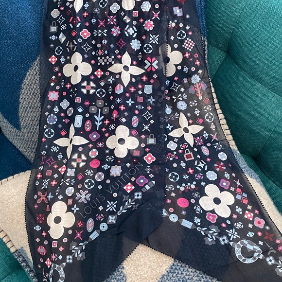 Louis Vuitton Silk Scarf Navy Monogram Floral Print Bandana Style Authentic - Picture 4 of 8